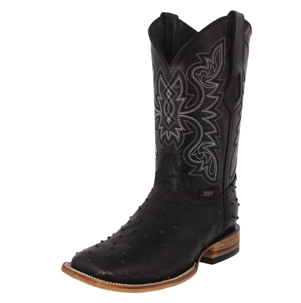 Black Ostrich Quill Print Leather Square Toe Cowboy Boots W299841