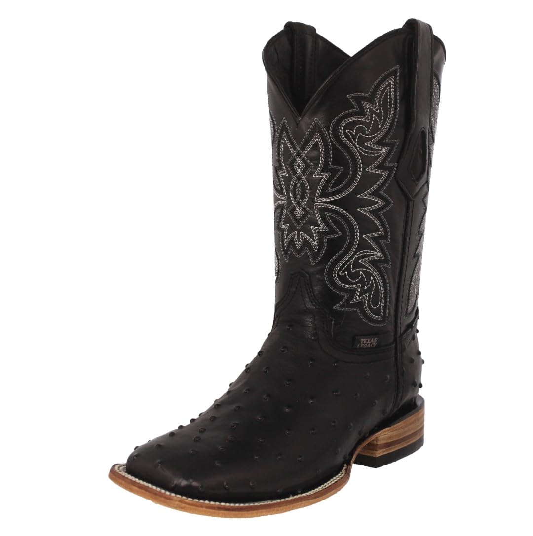 Black Ostrich Quill Print Leather Square Toe Cowboy Boots W299841