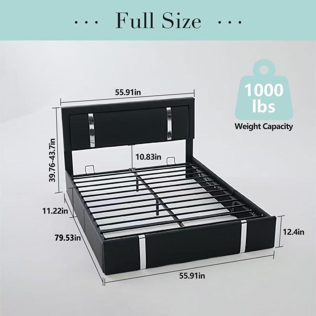 Black Faux Leather Upholstered Full Size Bed Frame with LED Headboard and USB Ports X225