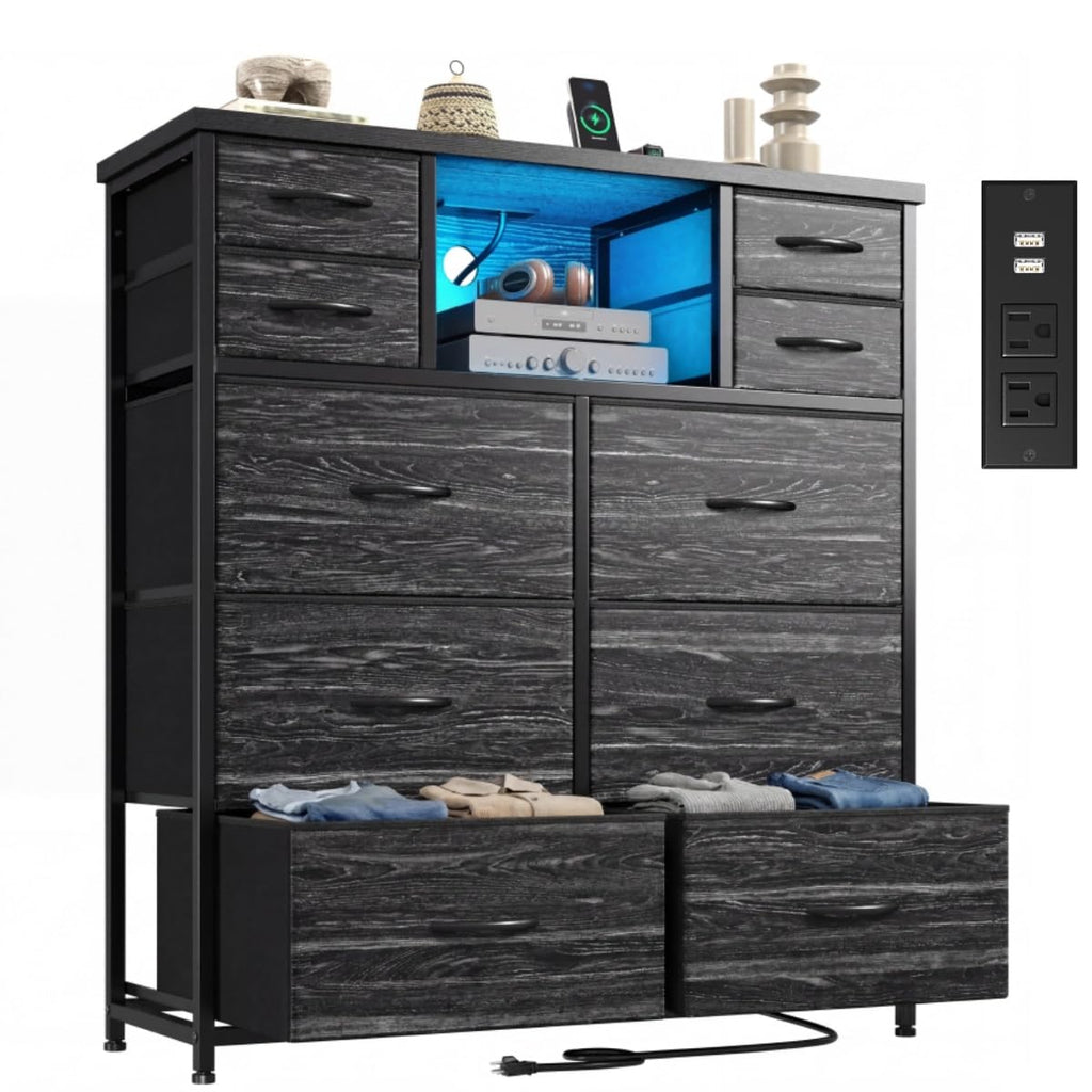 Black 10 Drawer Dresser with Charging Station I913