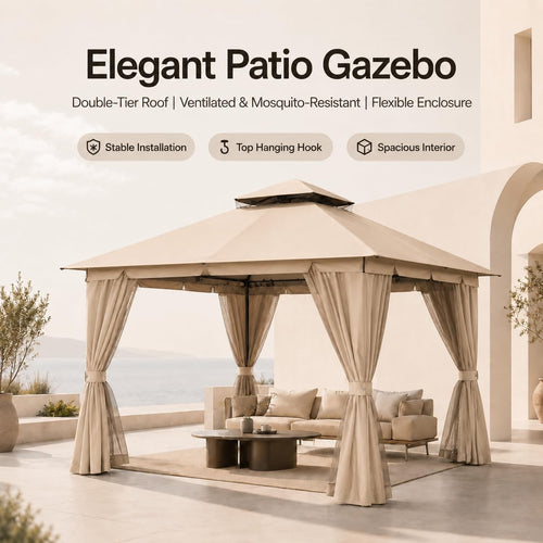10'x10' Heavy Duty Metal Outdoor Gazebo with Double Roof, Mosquito Netting & Privacy Curtains, Khaki T84935
