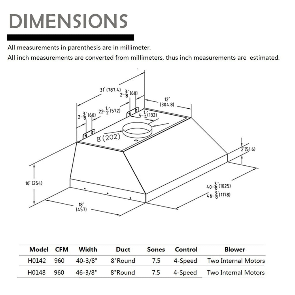48 inch Stainless Steel Built-in Range Hood with Liner and Baffle Filter M631033