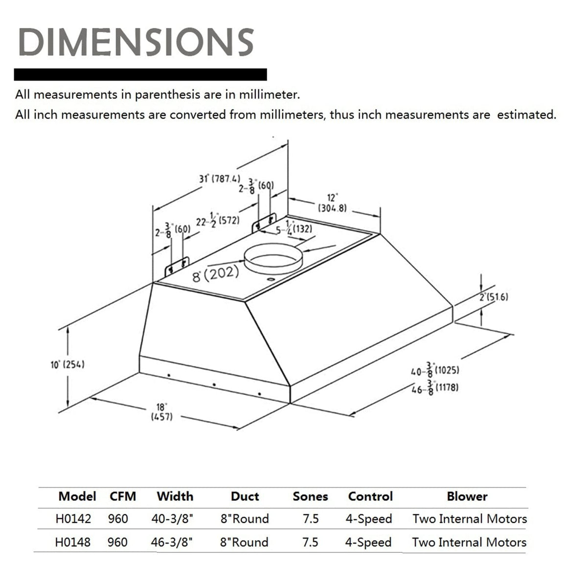 48 inch Stainless Steel Built-in Range Hood with Liner and Baffle Filter M631033