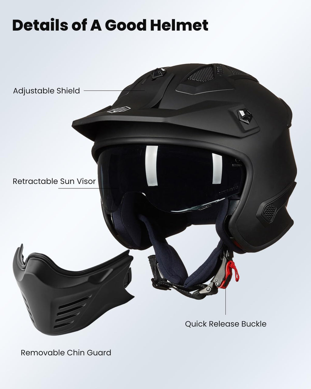 Open Face 3/4 Half Motorcycle Helmet DOT Matte Black M W872