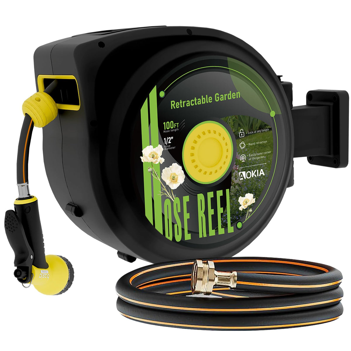 Retractable Garden Hose Reel, 1/2 in x 100 ft Wall Mounted Heavy Duty with 9 Patterns Nozzle Q4552