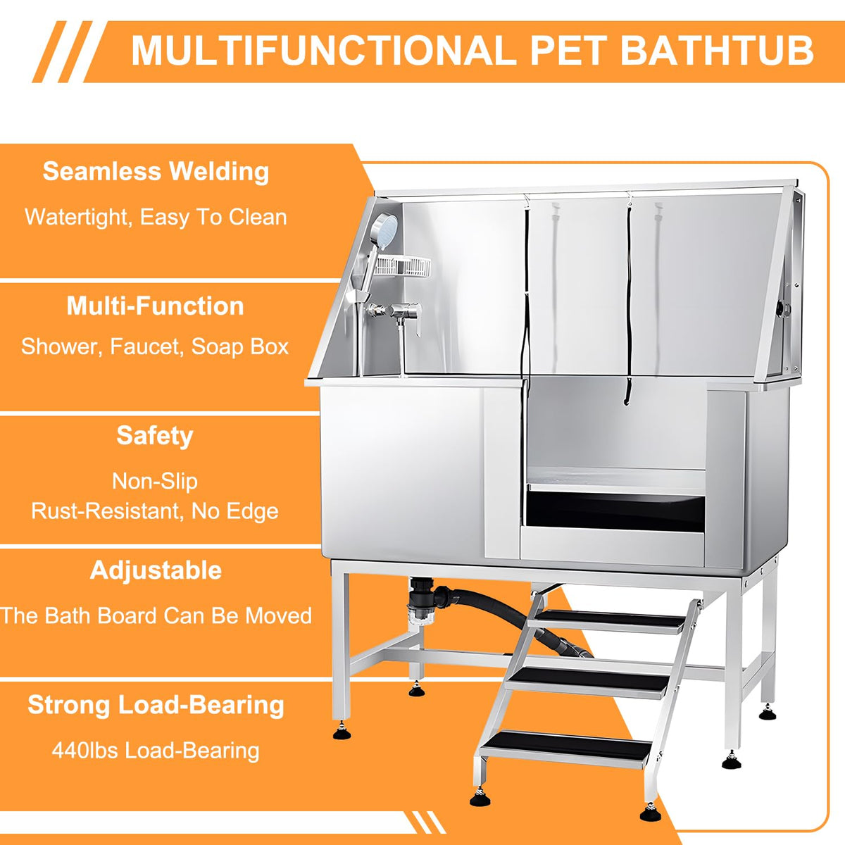 Stainless Steel Dog Grooming Tub with Stairs and Faucet K1923