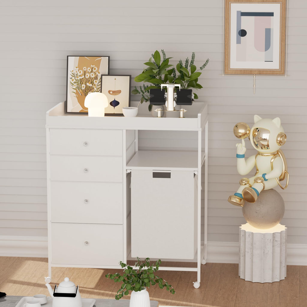 White 4 Drawer Changing Table Dresser with Laundry Hamper O49737