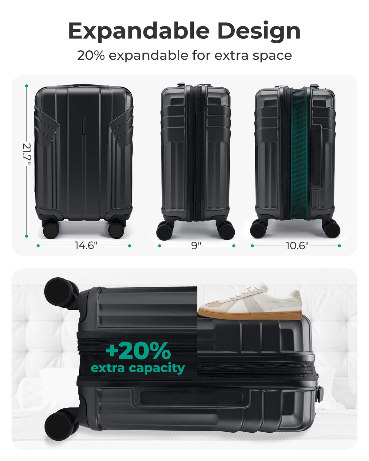 Expandable Carry On Luggage 22x14x9 Black Z99100
