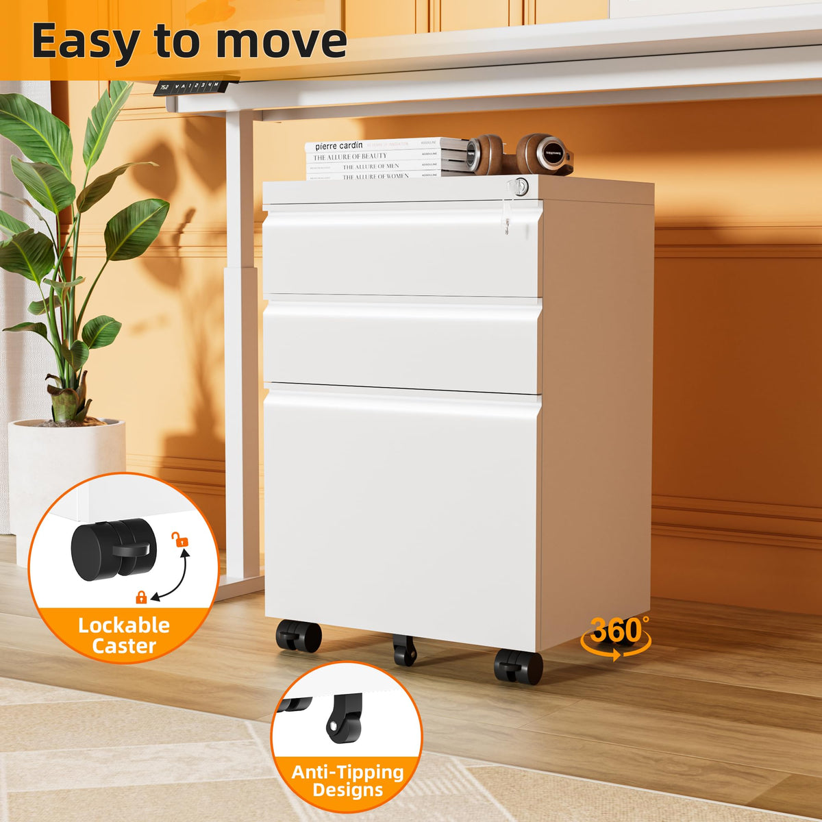 White 3 Drawer Filing Cabinet with Lock T644