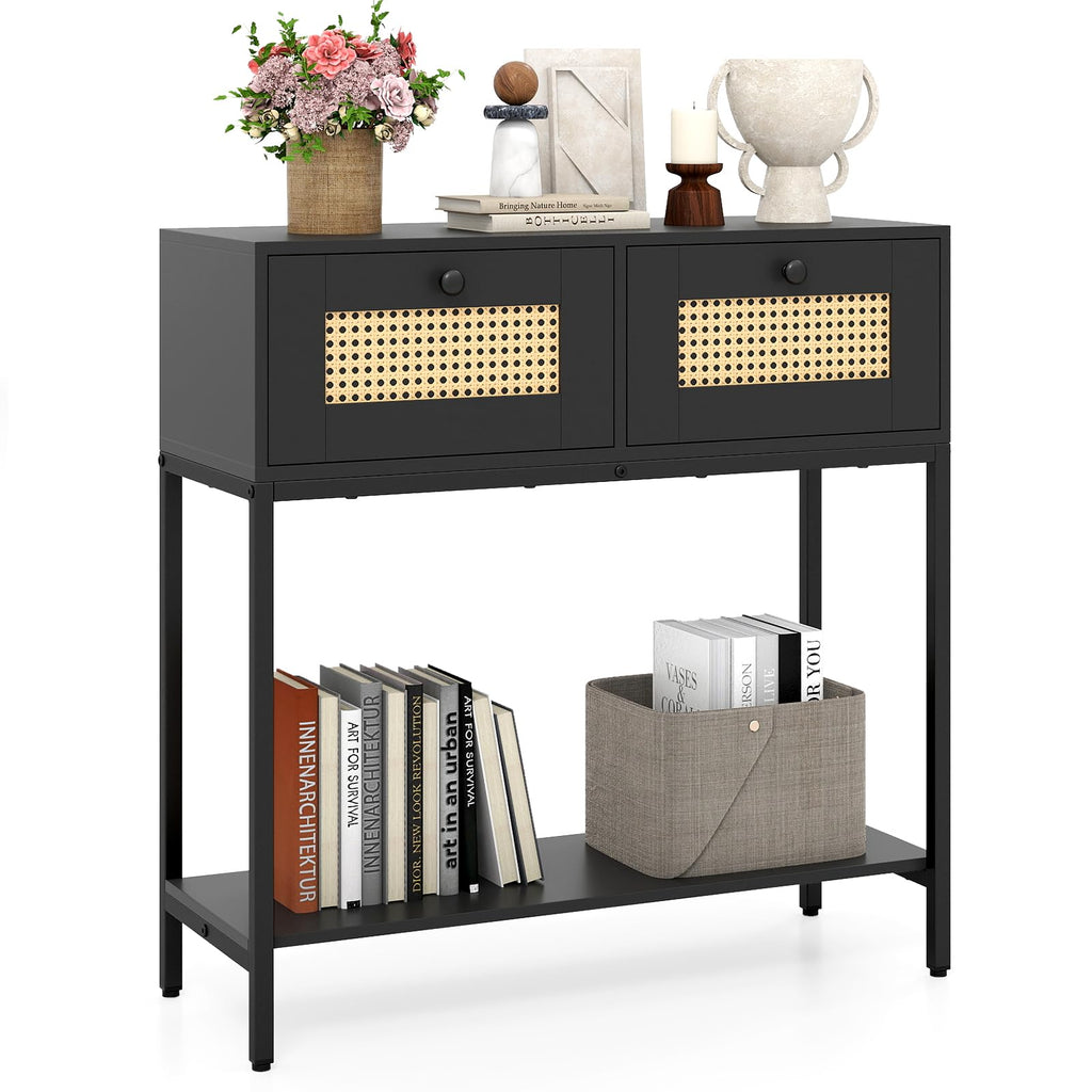 Rattan Console Table with Two Drawers and Open Storage Shelf M150