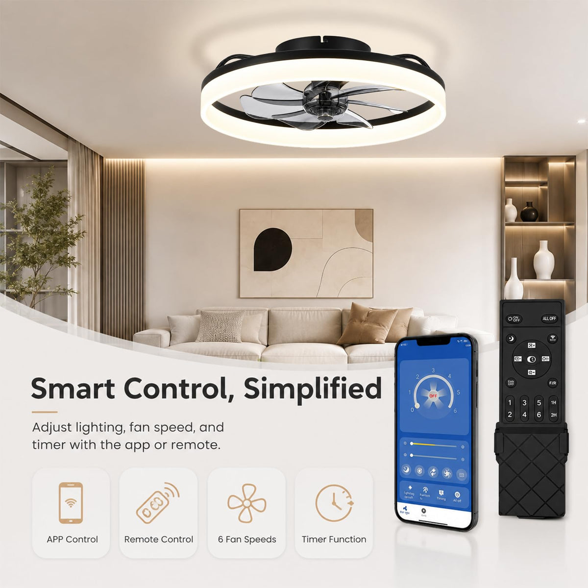 19.7" Ceiling Fan with Lights, Flush Mount Low Profile, 6 Speeds, Reversible, LED Dimmable X5729