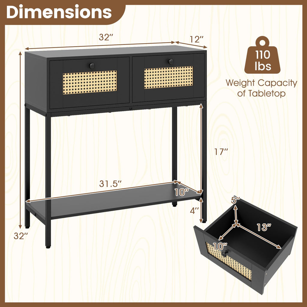 Rattan Console Table with Two Drawers and Open Storage Shelf M150