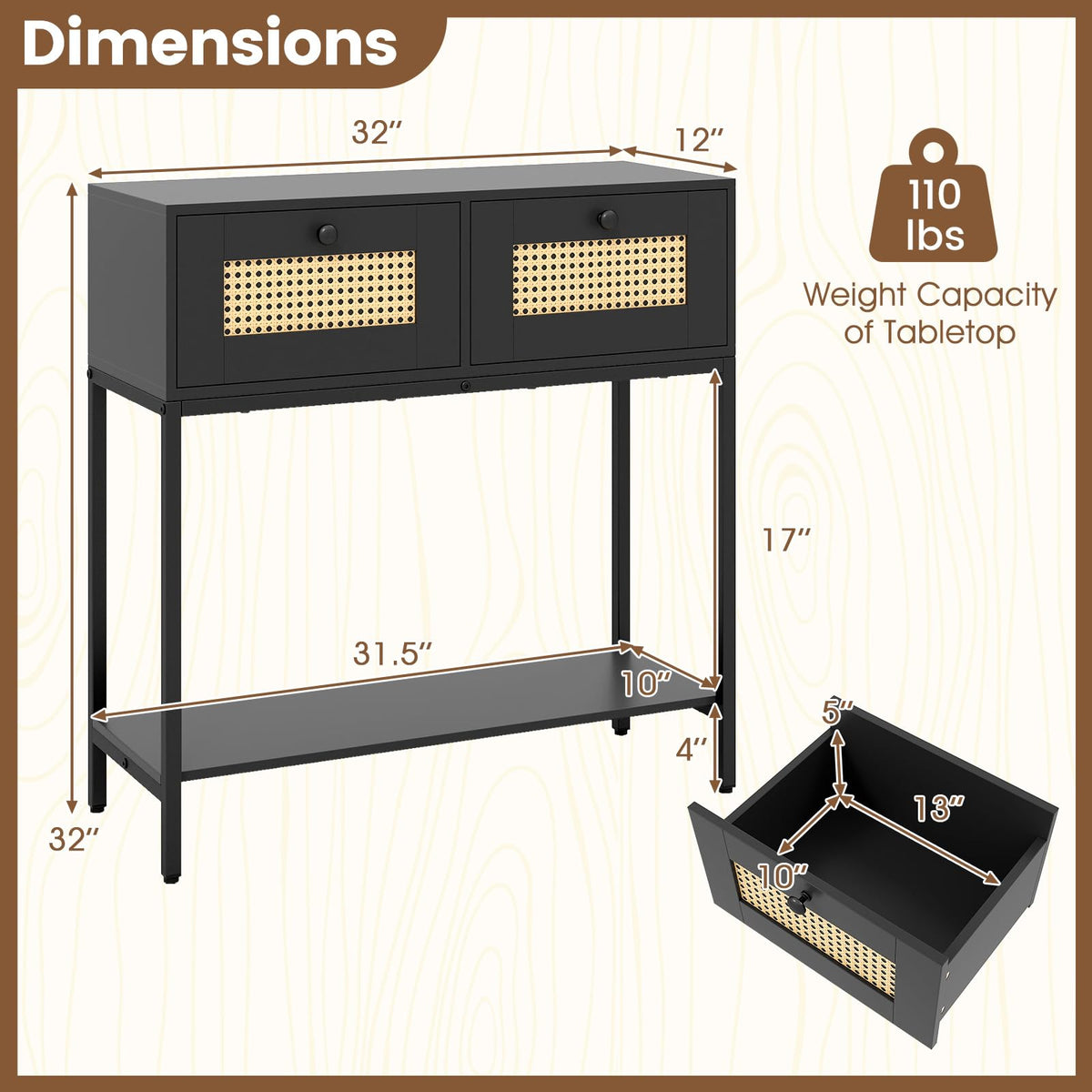 Rattan Console Table with Two Drawers and Open Storage Shelf M150
