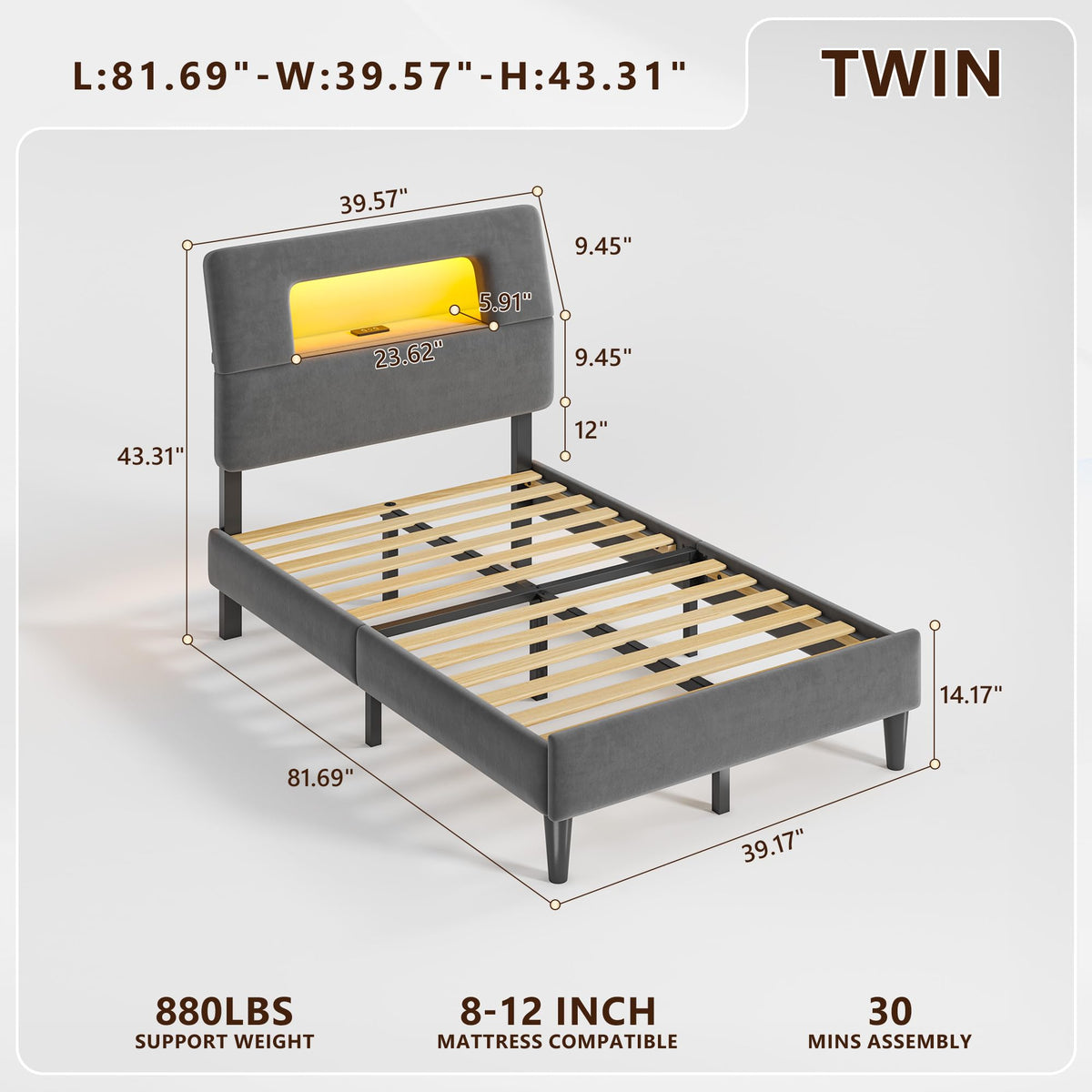 Twin Upholstered Bed Frame with Storage Headboard E665