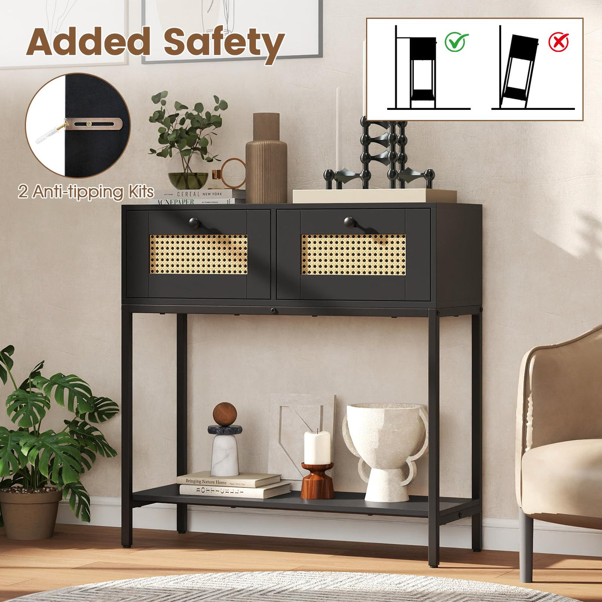 Rattan Console Table with Two Drawers and Open Storage Shelf M150