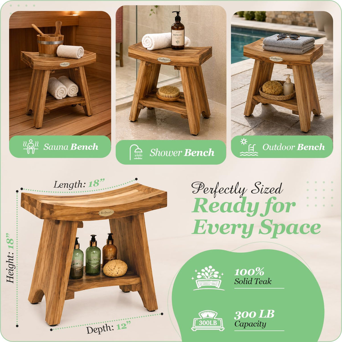 18" Solid Teak Shower Bench with Shelf L670649