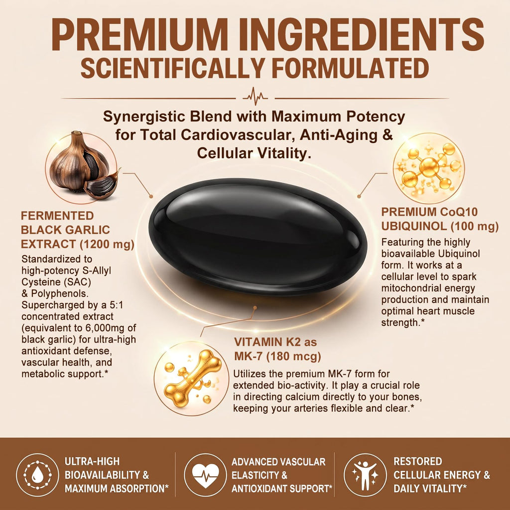 Black Aged Garlic Extract with CoQ10 Ubiquinol & Vitamin K2, 300 Softgels S3473