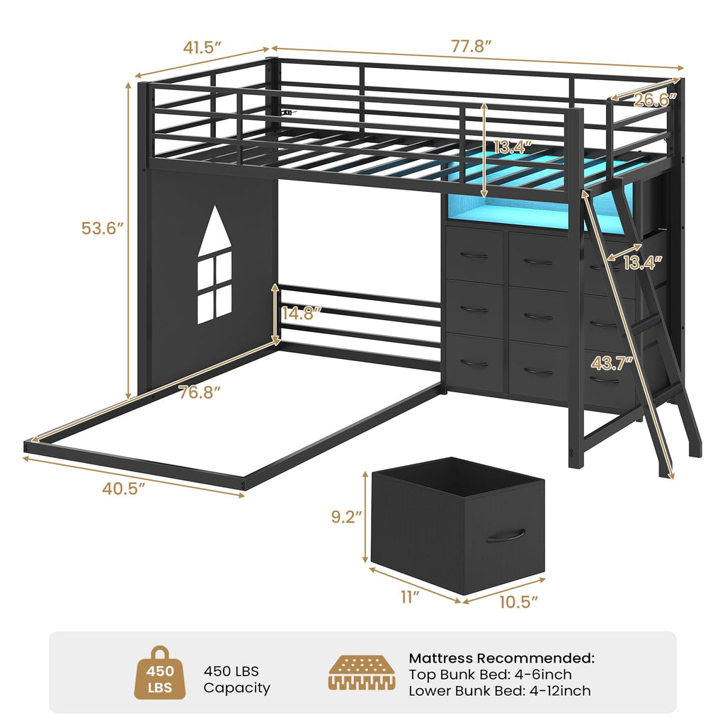 Twin Over Twin L-Shaped Bunk Bed with 9 Storage Drawers, LED Lights, Guardrail & Ladder, Black F2471