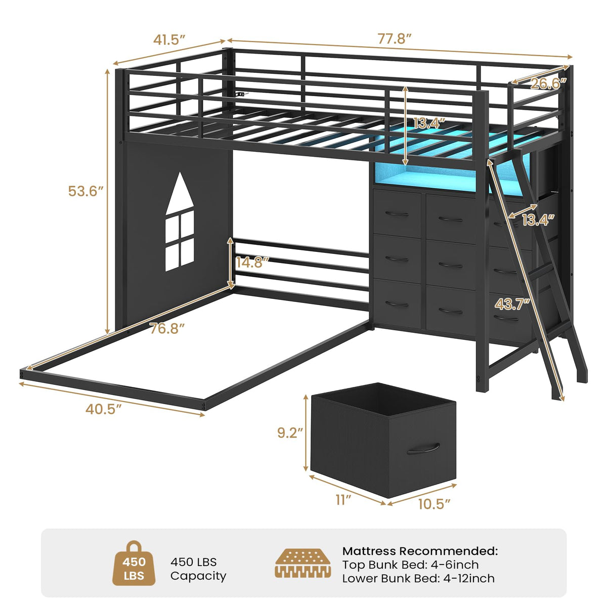 Twin Over Twin L-Shaped Bunk Bed with 9 Storage Drawers, LED Lights, Guardrail & Ladder, Black F2471