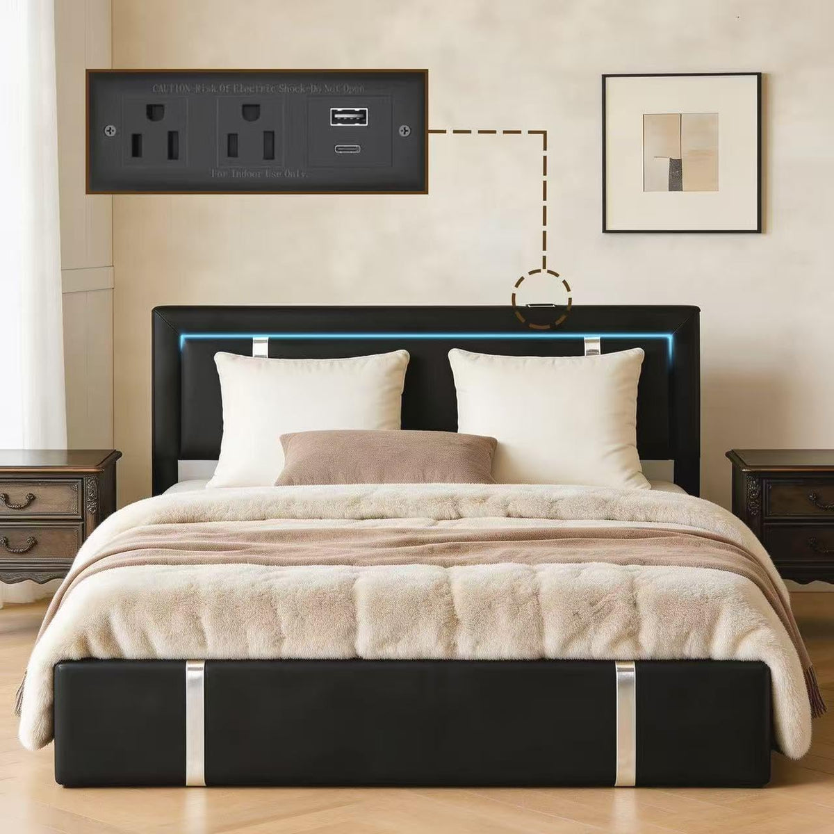 Black Faux Leather Upholstered Full Size Bed Frame with LED Headboard and USB Ports X225