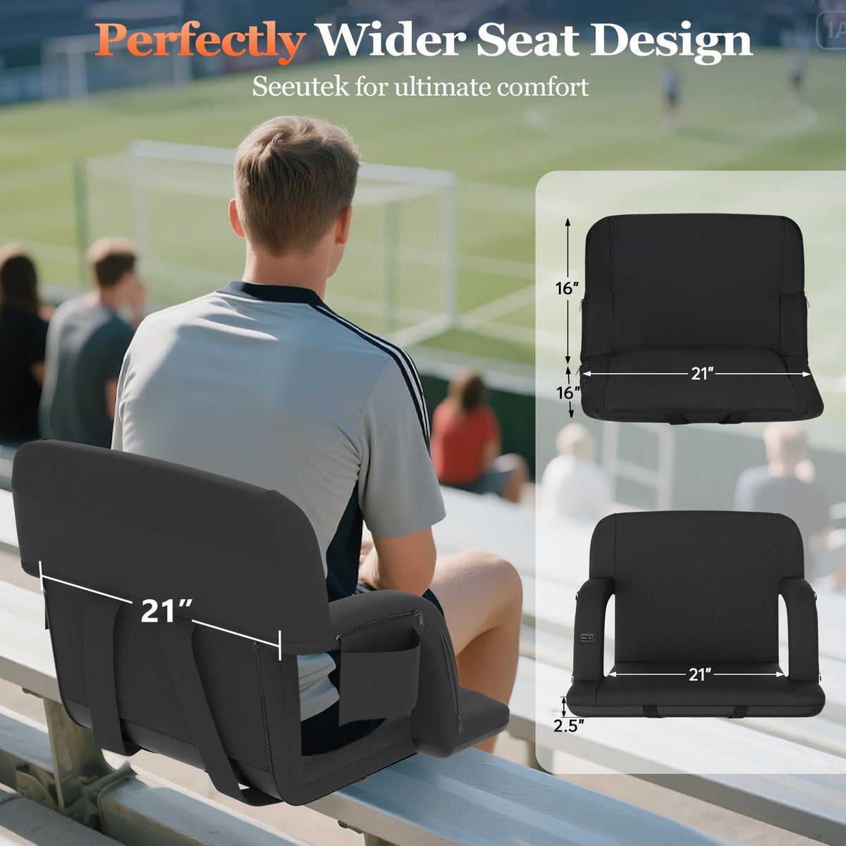 2pc Black Heated Stadium Seats with Back Support C545