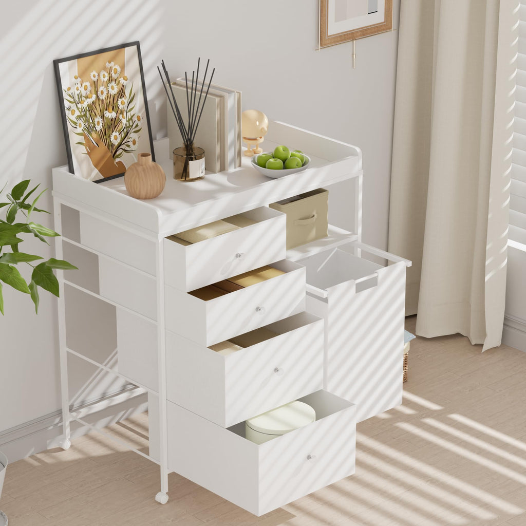 White 4 Drawer Changing Table Dresser with Laundry Hamper O49737