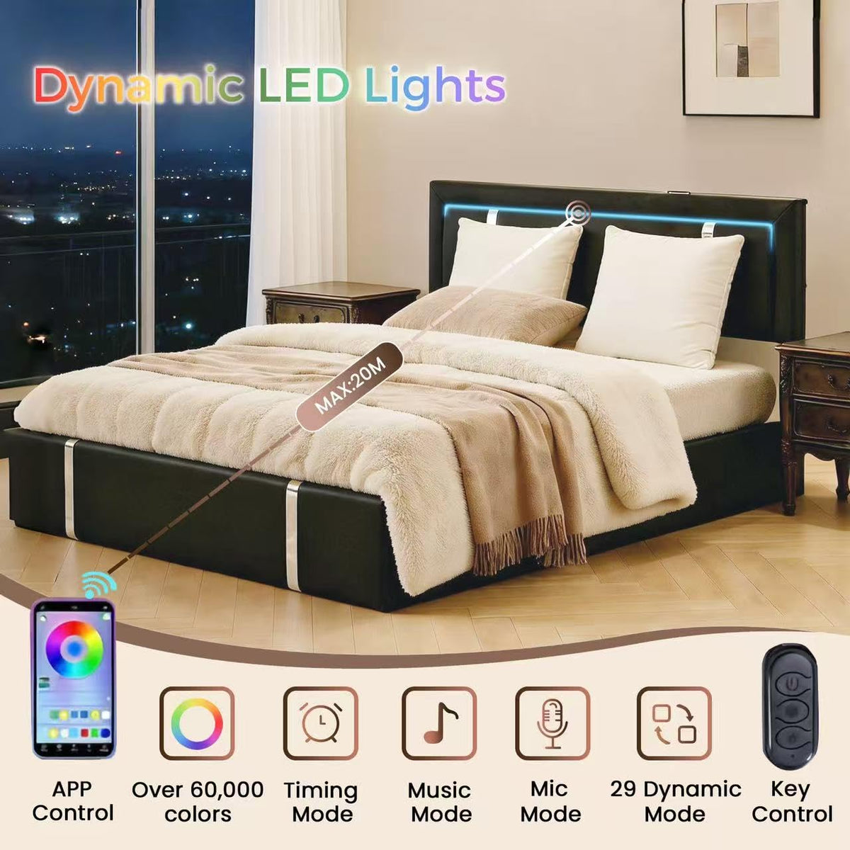 Black Faux Leather Upholstered Full Size Bed Frame with LED Headboard and USB Ports X225