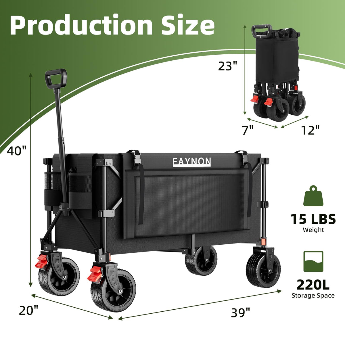 38" Collapsible Extended Wagon, 440lbs Capacity, 220L Heavy Duty Folding Cart, Black L71455