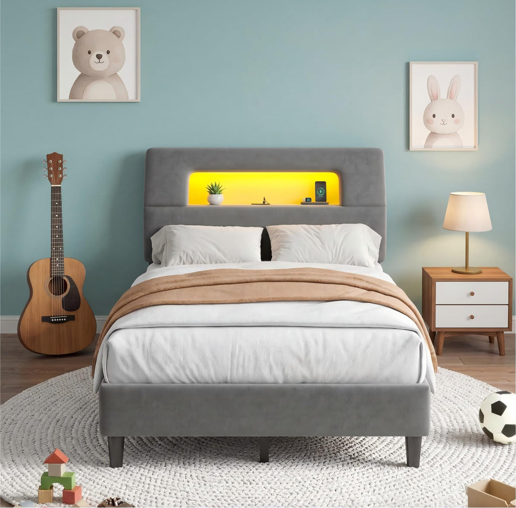 Twin Upholstered Bed Frame with Storage Headboard E665