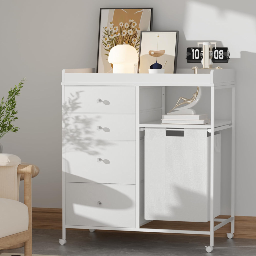 White 4 Drawer Changing Table Dresser with Laundry Hamper O49737