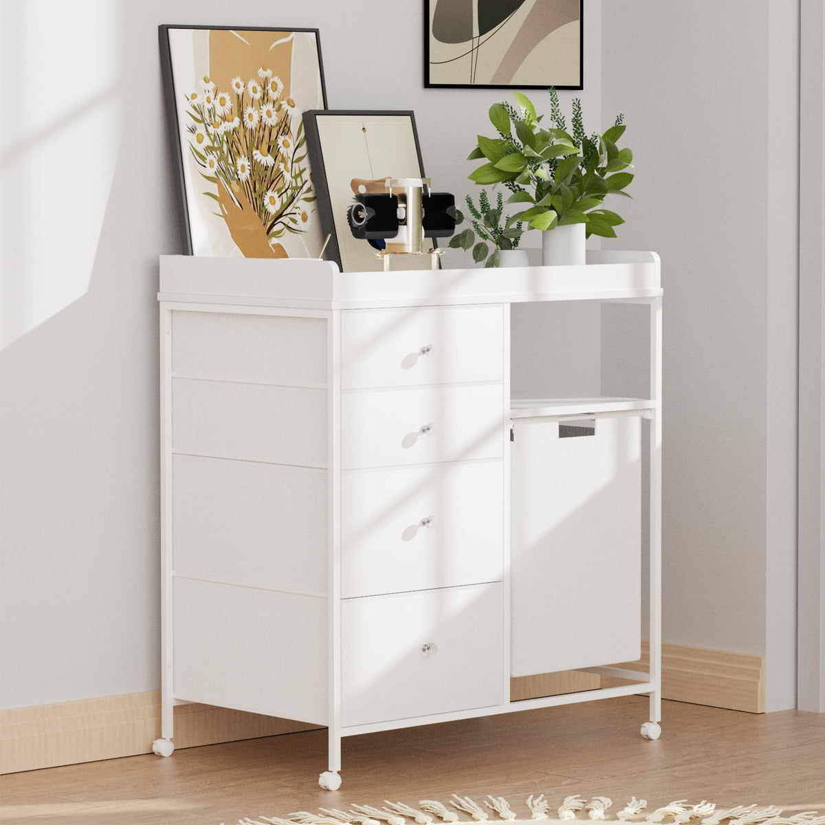 White 4 Drawer Changing Table Dresser with Laundry Hamper O49737