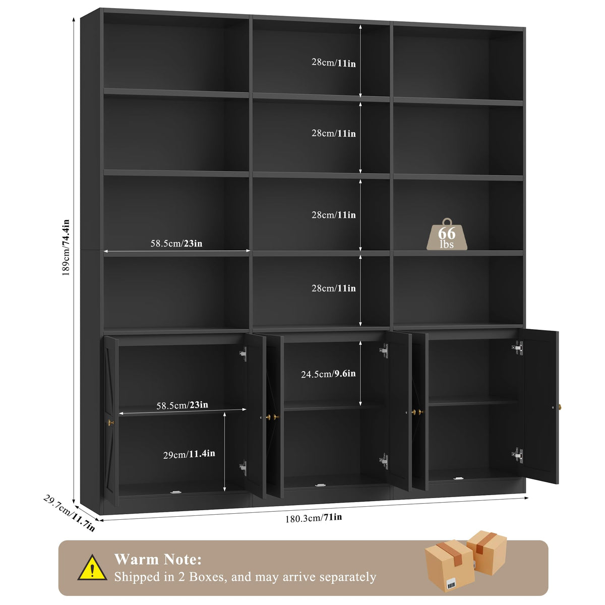 75" Tall Black Bookshelf with 6 Doors E66506