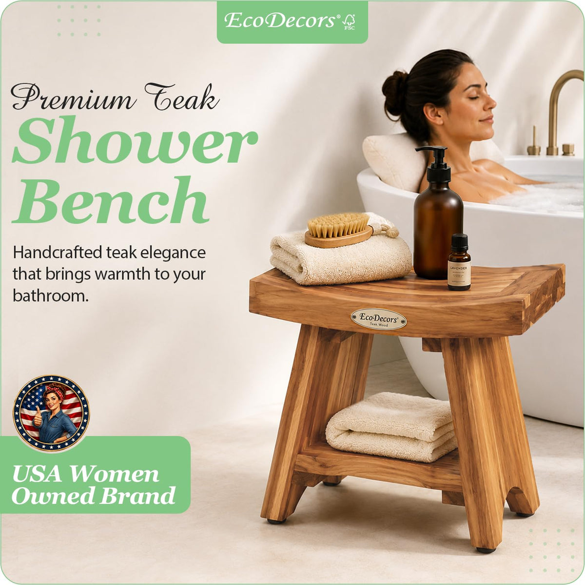18" Solid Teak Shower Bench with Shelf L670649