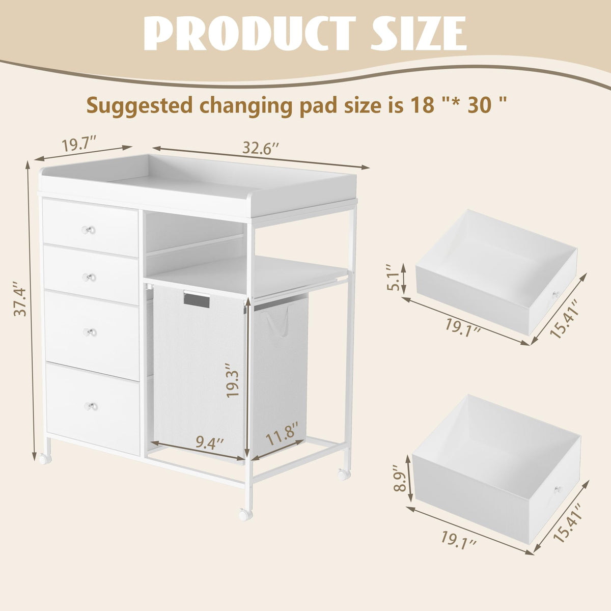 White 4 Drawer Changing Table Dresser with Laundry Hamper O49737