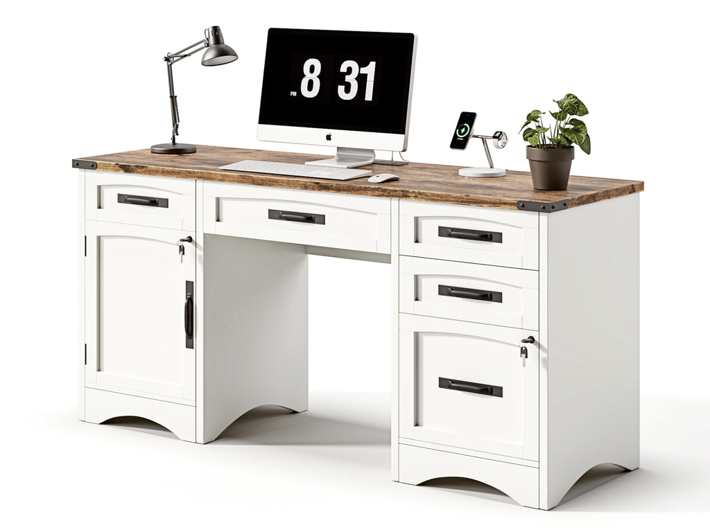 White Wood Executive Desk with Drawers and File Cabinet E764