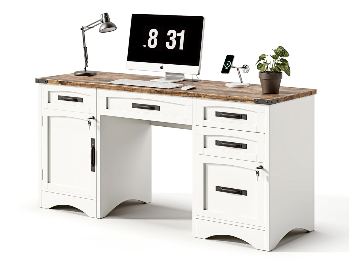 White Wood Executive Desk with Drawers and File Cabinet E764