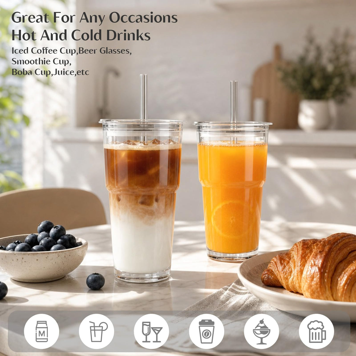 20 oz Iced Coffee Cups with Lids and Straw, Set of 4 Glass Tumbler U126