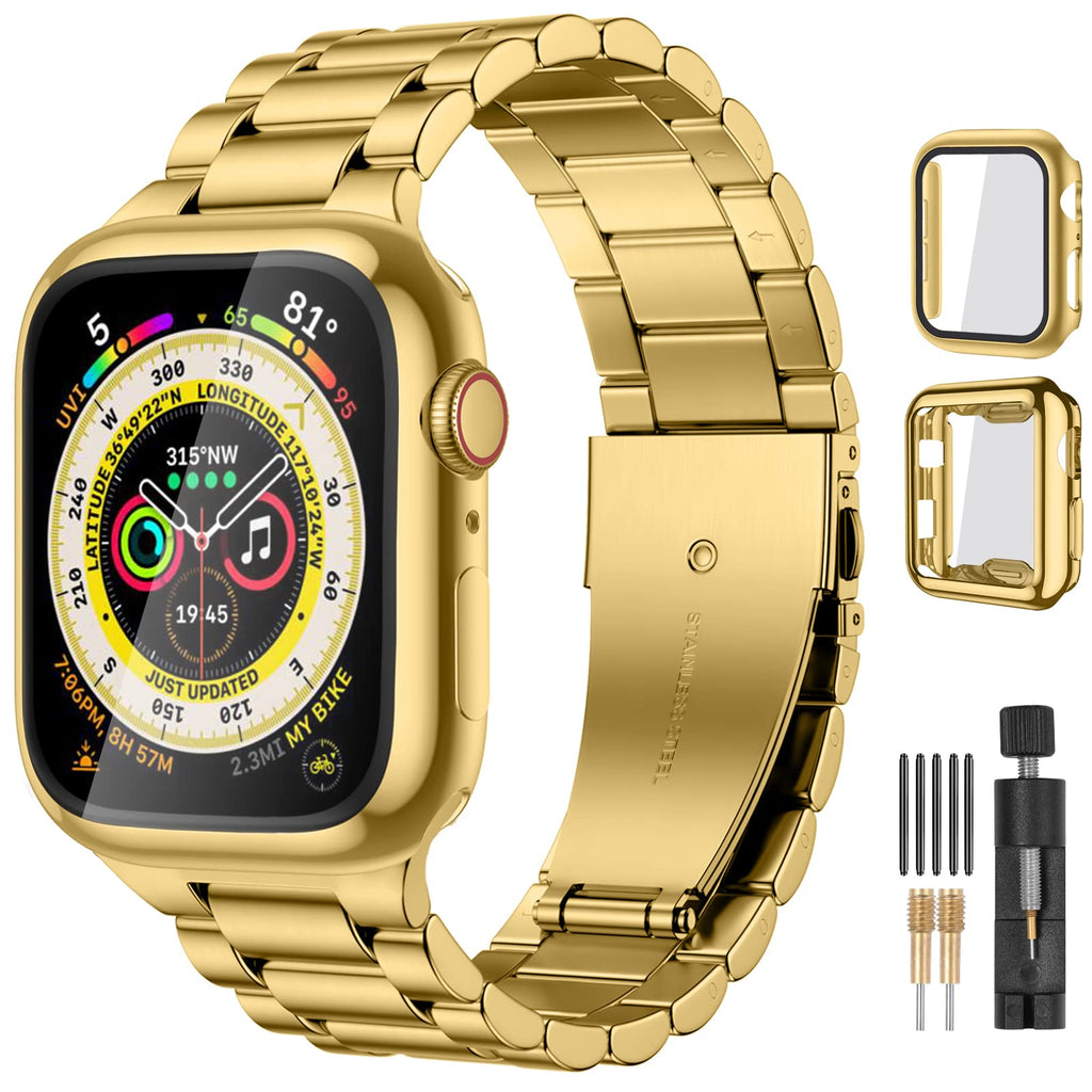 Compatible with Apple Watch Band Stainless Steel Metal Band with 2 Pack Protective Cover Case O810