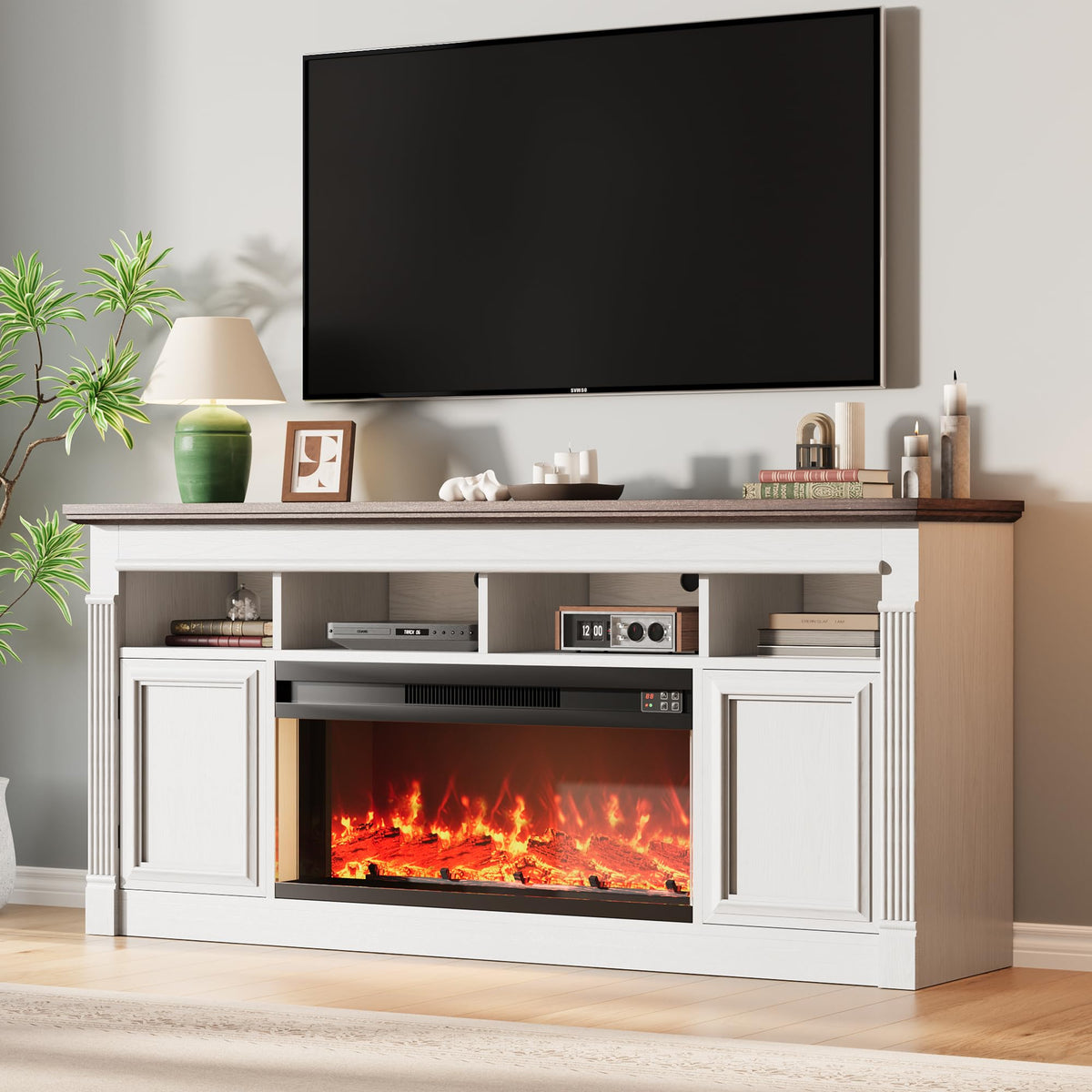 66 Inch White & Brown Two-Tone Fireplace TV Stand E900
