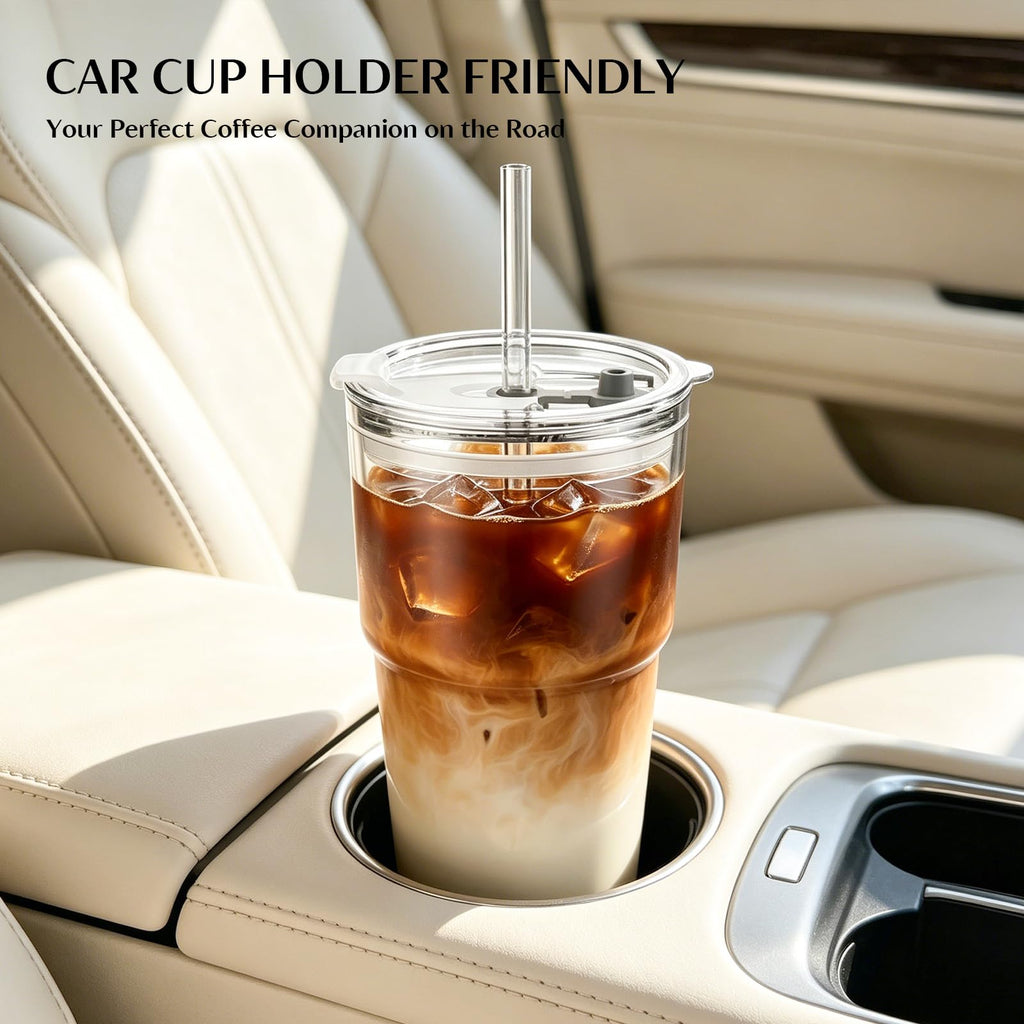 20 oz Iced Coffee Cups with Lids and Straw, Set of 4 Glass Tumbler U126