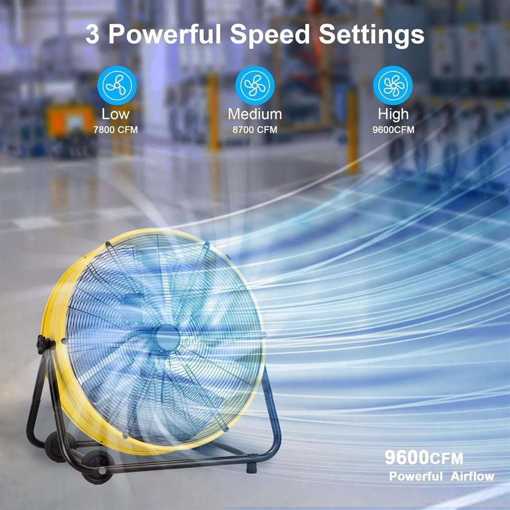 Heavy Duty Floor Drum Fan 3-Speed 360° Tilt Metal E909