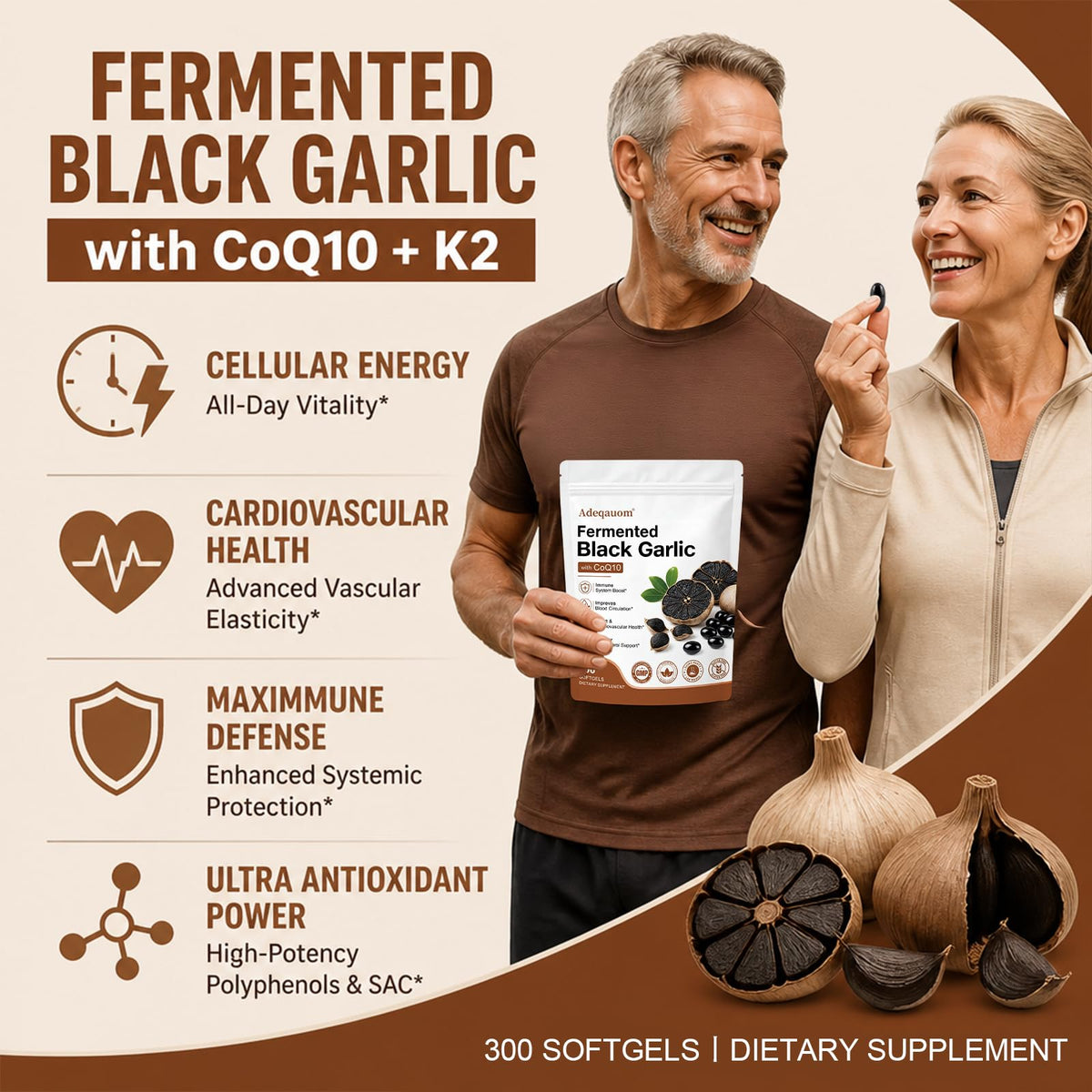 Black Aged Garlic Extract with CoQ10 Ubiquinol & Vitamin K2, 300 Softgels S3473