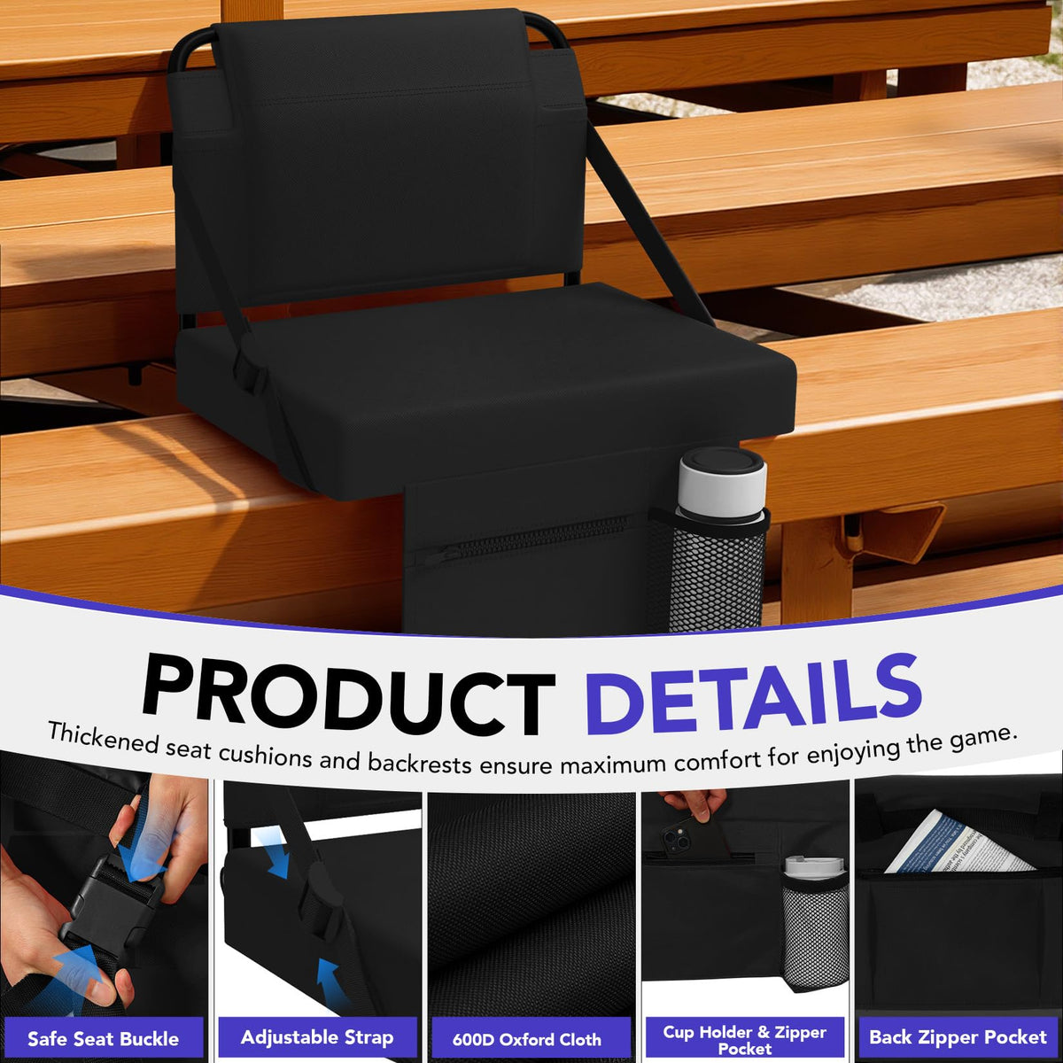 Adjustable Bleacher Chair with Back Support and Cup Holder E236690