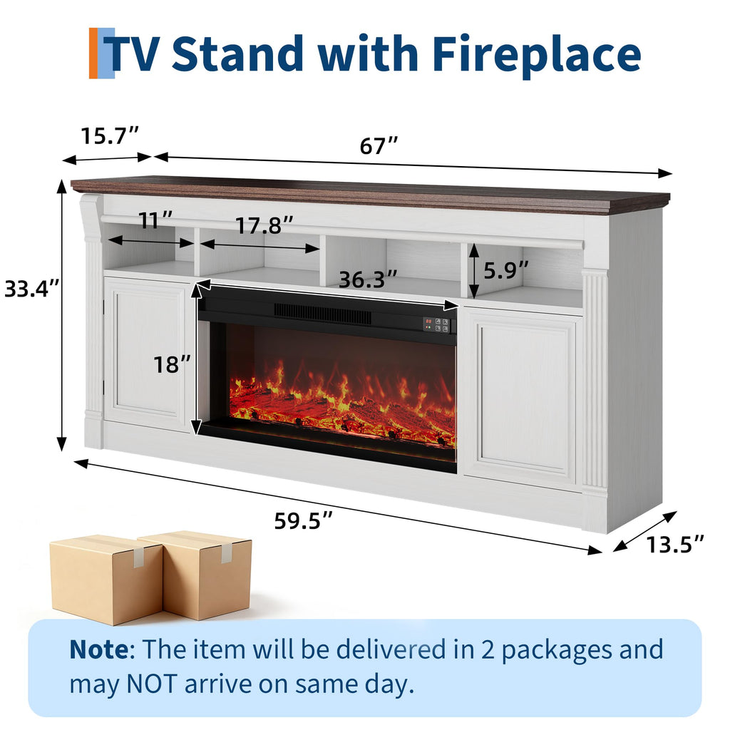66 Inch White & Brown Two-Tone Fireplace TV Stand E900