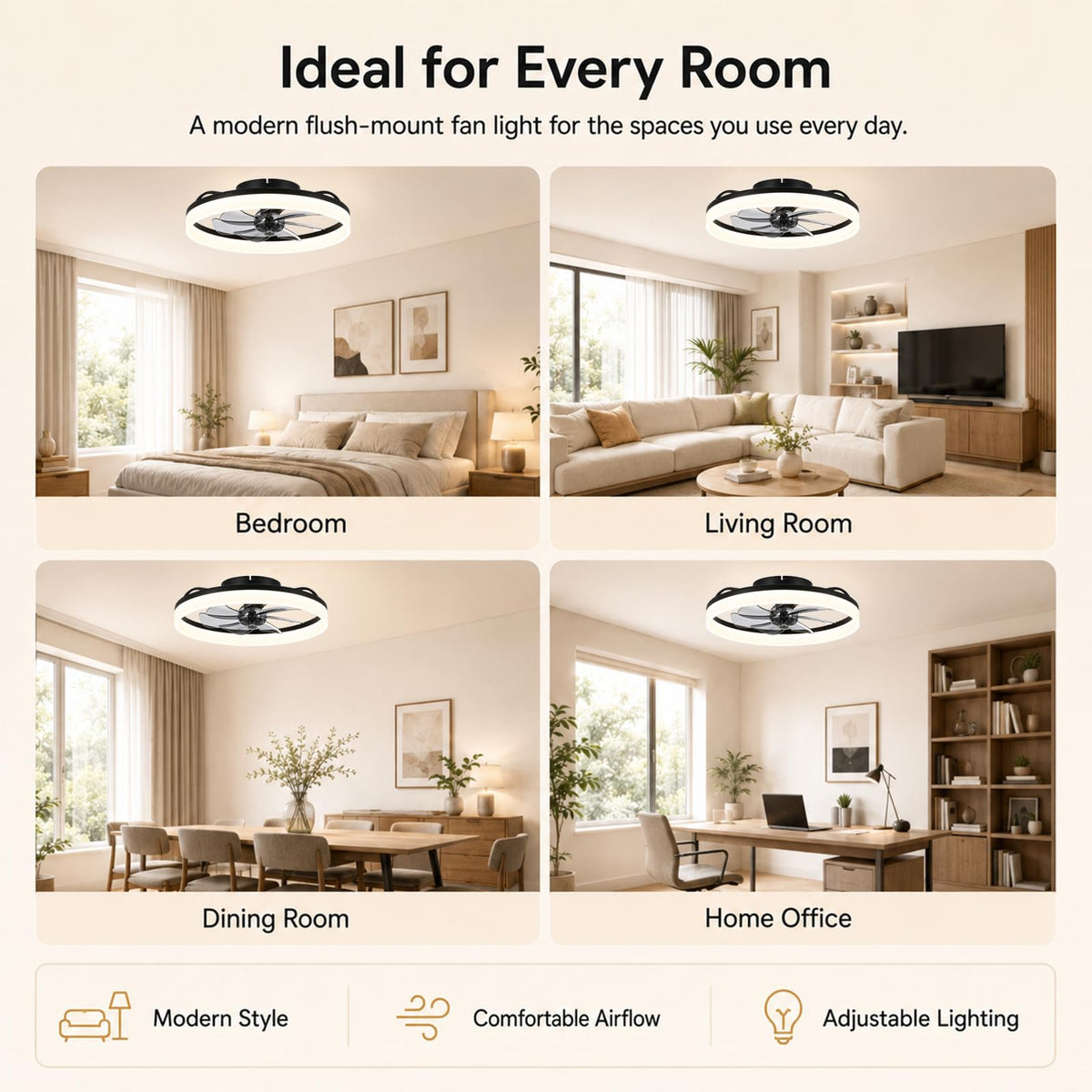 19.7" Ceiling Fan with Lights, Flush Mount Low Profile, 6 Speeds, Reversible, LED Dimmable X5729