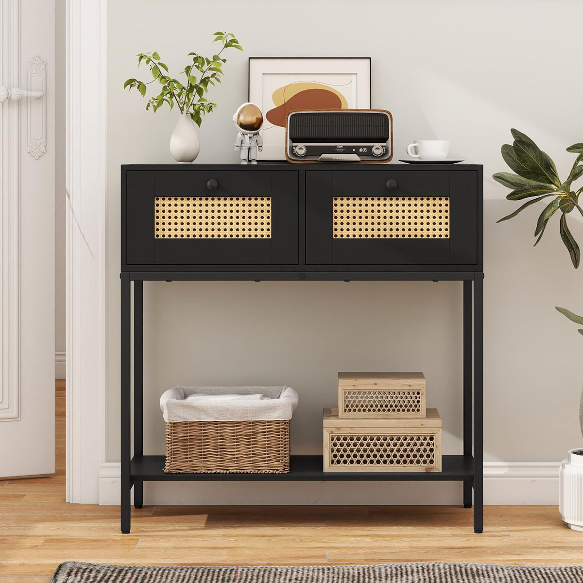 Rattan Console Table with Two Drawers and Open Storage Shelf M150