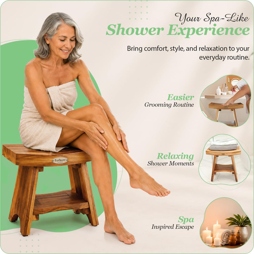 18" Solid Teak Shower Bench with Shelf L670649