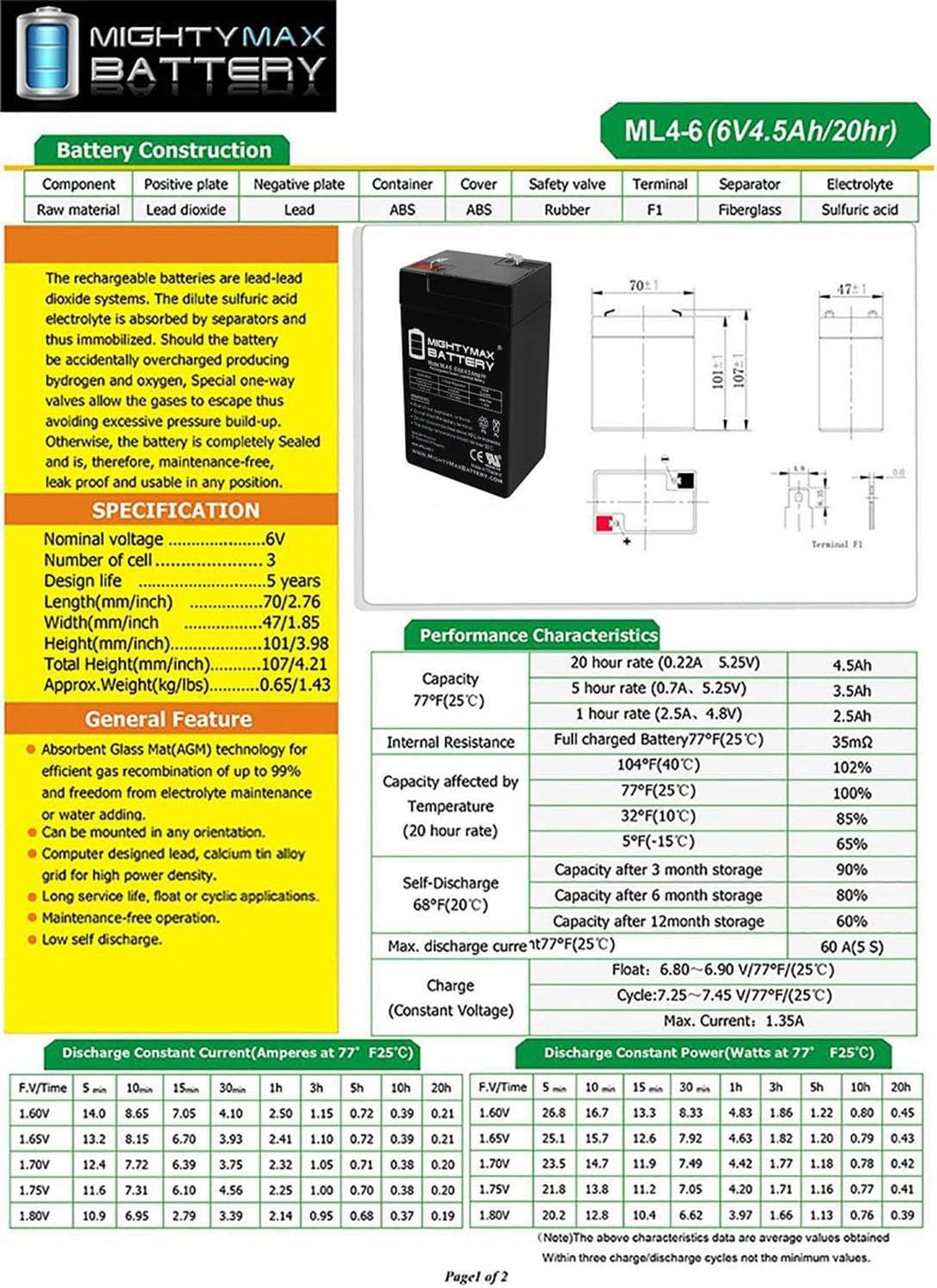 6V 4.5AH SLA Battery 2 Pack H1712