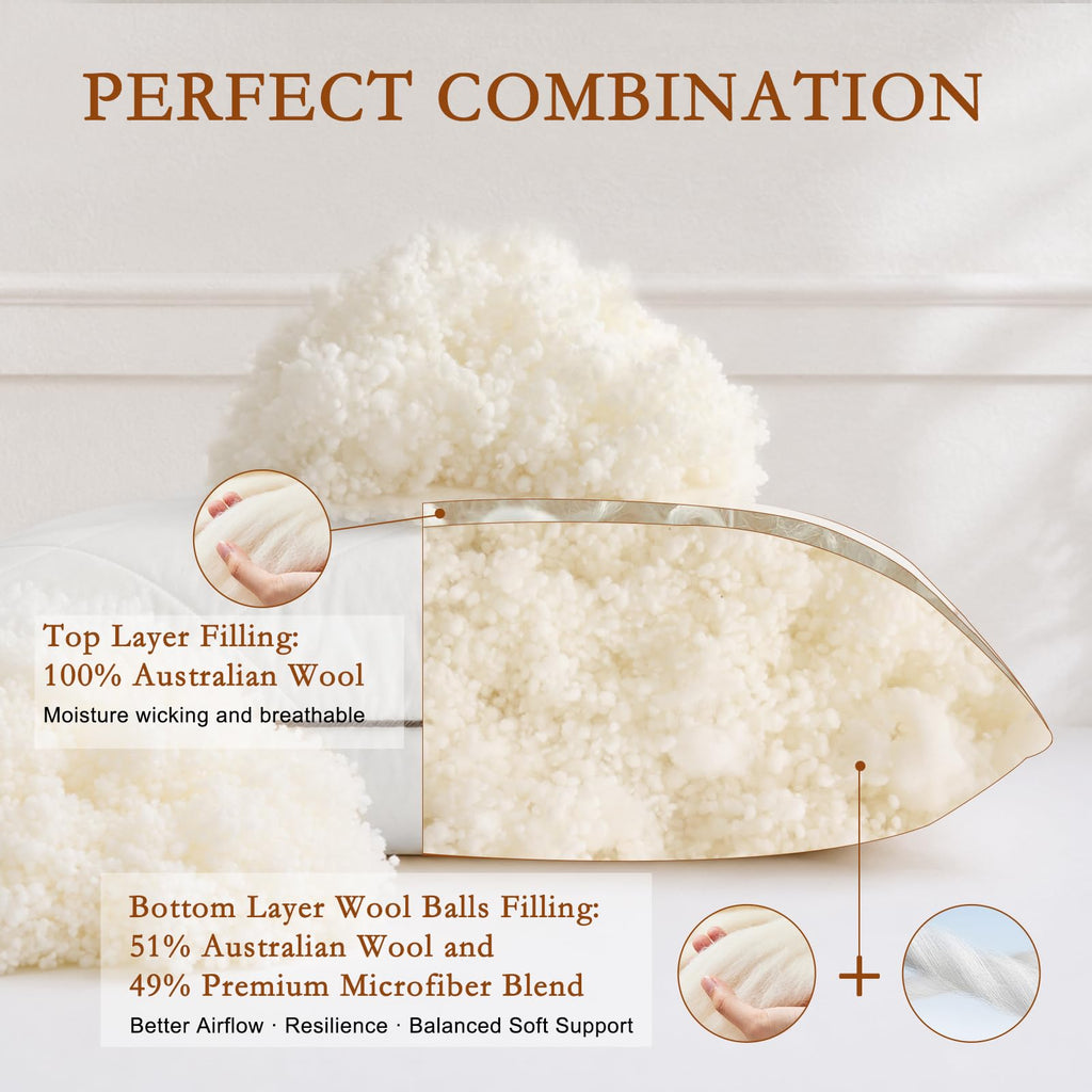 Soft Natural Wool Pillow King Size Set of 2 Cotton Cover O600712