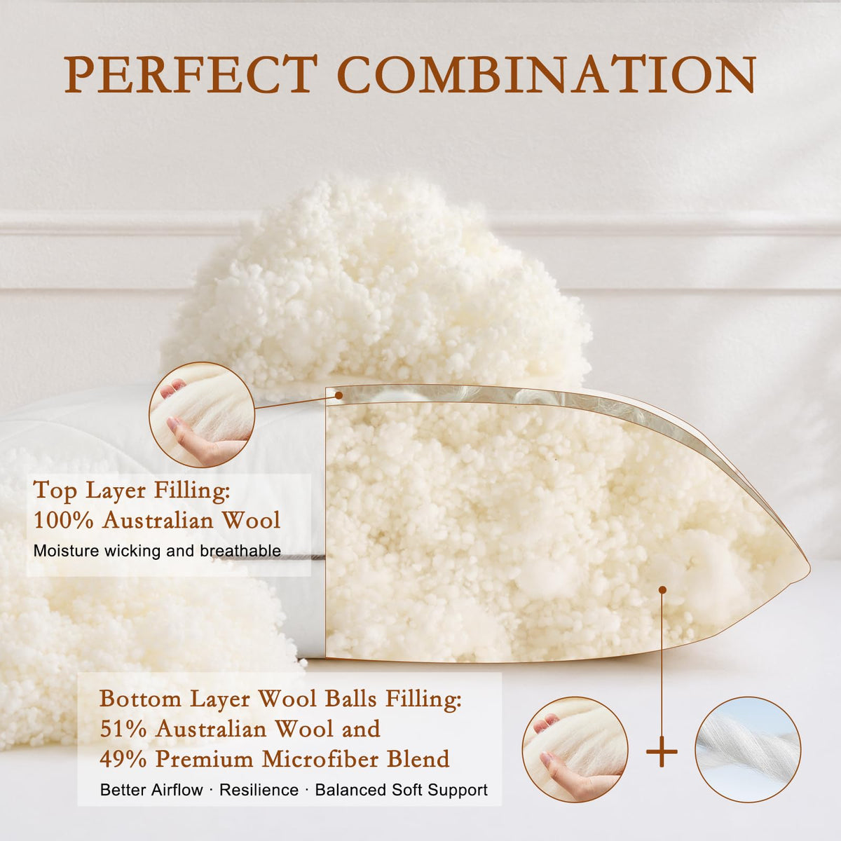 Soft Natural Wool Pillow King Size Set of 2 Cotton Cover O600712